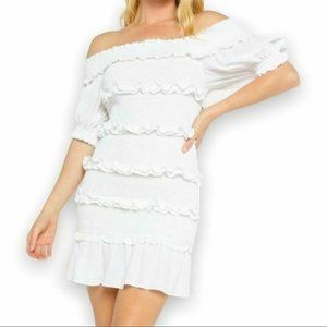 Olivaceous Off The Shoulder Smocked Mini Dress Ruffle Hem Color White Size Small